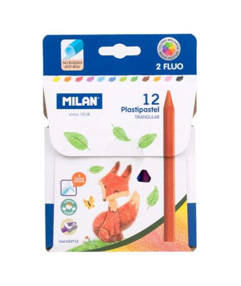 Milan Plastipastel Pack de 12 Ceras de Colores Triangulares - Contiene 2 Ceras Fluo - Colores Surtidos
