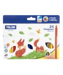 Milan Plastipastel Pack de 24 Ceras de Colores Triangulares - Contiene 3 Ceras Fluo y 2 Metal - Colores Surtidos