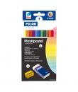 Milan Plastipastel Pack de 12 Ceras de Colores Triangulares - Incluye Goma y Sacapuntas - Bandeja Interior - Colores Surtidos