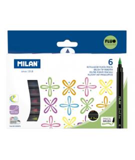 Milan Fluo Pack de 6 Rotuladores Punta Pincel Colores Fluo - Tinta al Agua - Punta de Pincel 0.5 a 6mm - Colores Fluorescentes S