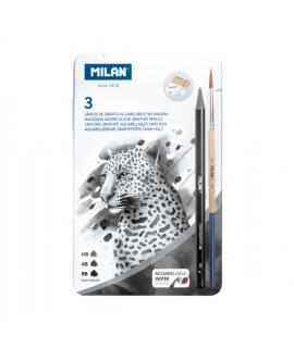 Milan Pack de 3 Lapices de Grafito Acuarelables Surtidos + Sacapuntas + Goma de Borrar + Pincel - Caja Metalica - Bandeja Interi