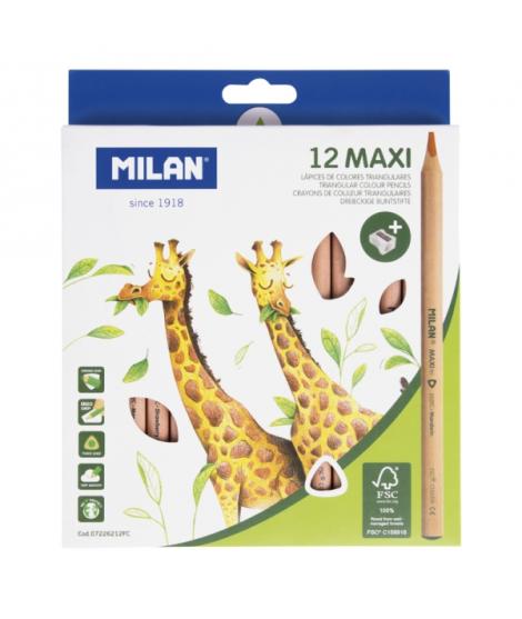 Milan Maxi Pack de 12 Lapices de Colores - Madera Certificada FSC - Incluye Sacapuntas - Triangulares - Colores Surtidos