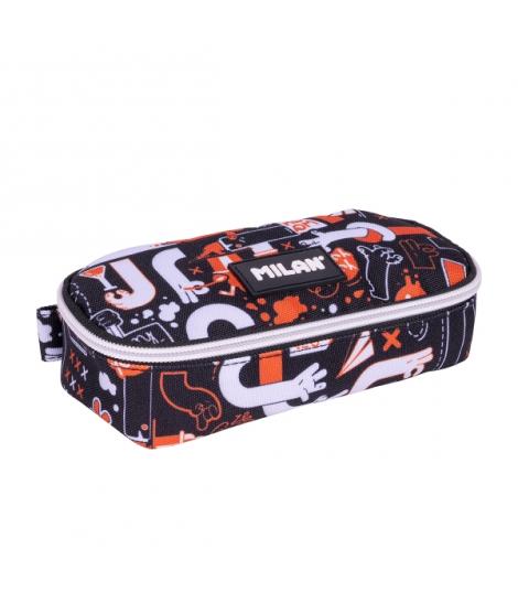 Milan Fingers Estuche Portatodo - Ovalado - Cierre con Cremallera - Malla Interior - 20.5x9x5.5cm - Color Naranja