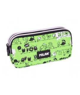 Milan Tandem 2 Estuche Portatodo - Cremallera - 3 Compartimentos - 22x11x6.5cm - Color Verde