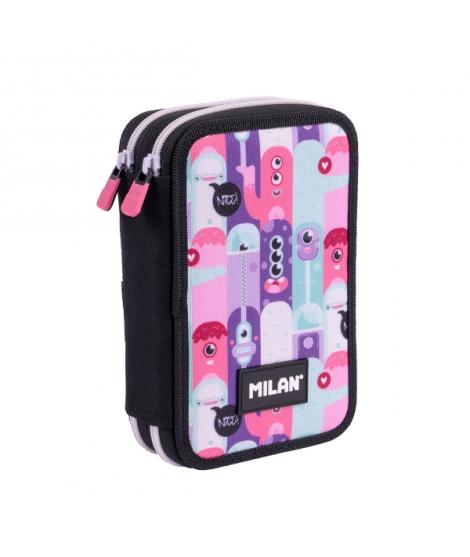 Milan Aliens 2 Plumier de 2 Pisos con Regla - Sacapuntas - Gomas de Borrar - Lapices de Grafito y de Colores - Rotuladores - Bol