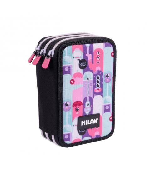 Milan Aliens 2 Plumier de 3 Pisos con Goma de Borrar - Sacapuntas - Lapiz - 3 Boligrafos - Regla - 12 Lapices de Colores - 6 Lap
