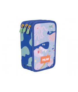 Milan Blue Odyssey Plumier de 3 Pisos con Goma de Borrar - Sacapuntas - Lapiz - 3 Boligrafos - Regla - 12 Lapices de Colores - 6