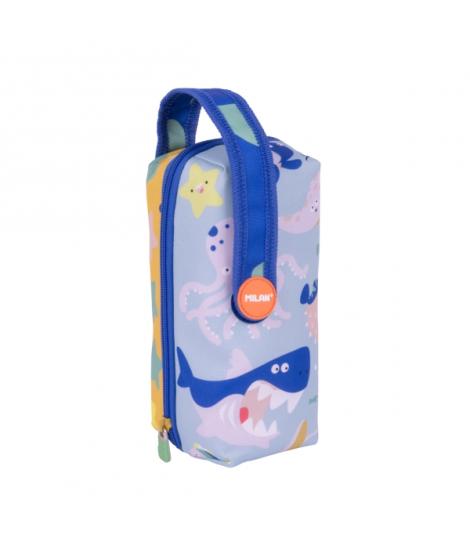 Milan Blue Odyssey Pack de 4 Estuches con Goma de Borrar - Sacapuntas - Lapiz - 3 Boligrafos - Regla - 12 Lapices de Colores - 1