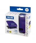 Milan Acid Taladro Perforador - Incluye Guia de Plastico - hasta 15 Hojas - Bloqueo de Seguridad - Facil Vaciado - Color Azul