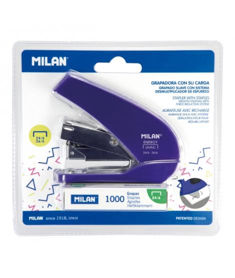 Milan Acid Energy Saving Grapadora Compacta - 1000 Grapas Incluidas - hasta 20 Hojas - Grapas 24/6 y 26/6 - Color Azul