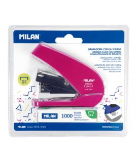Milan Acid Energy Saving Grapadora Compacta - 1000 Grapas Incluidas - hasta 20 Hojas - Grapas 24/6 y 26/6 - Color Rosa
