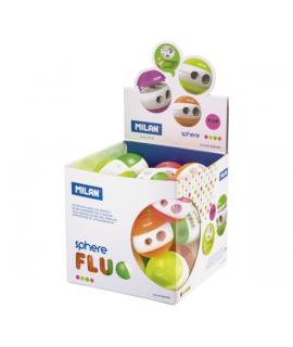 Milan Sphere Fluo Expositor con 24 Sacapuntas Doble - Regular y Maxi - Deposito Integrado - Cuchilla de Acero de Seguridad - Col
