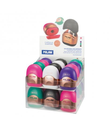 Milan Capsule Copper Expositor con 16 Afilaborras - Deposito Integrado - Cuchilla de Acero de Seguridad - Colores Surtidos