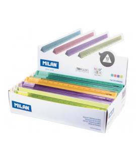 Milan New Look Expositor con 60 Reglas Triangulares de 15cm - Plastico Rigido - Transparente - Colores Surtidos