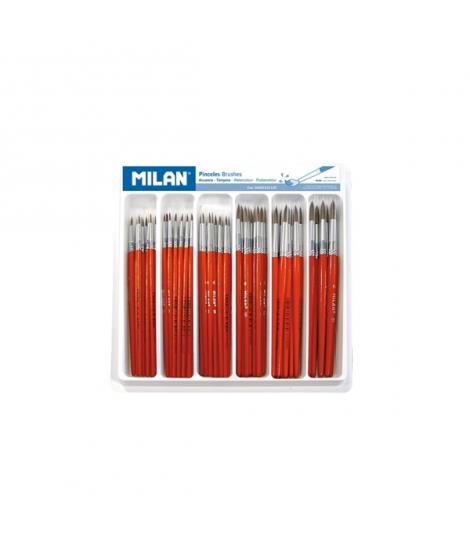 Milan 101 Pack de 120 Pinceles Escolares Redondos - Bandeja - Formatos Surtidos - Color Marron