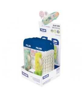 Milan New Look Expositor con 12 Blisters de Pegamento en Cinta - Multiusos - Multisuperficies - 8.4mm x 8m - Colores Surtidos