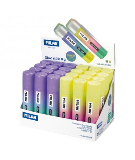 Milan Sunset Expositor con 24 Barras de Pegamento 8g - Multiusos - Multisuperficies - Sin Disolventes - Uso Escolar - Colores Su