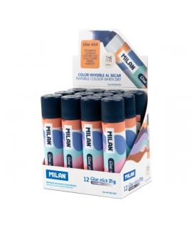 Milan The Fun Expositor con 12 Barras de Pegamento 21g - Multiusos - Multisuperficies - Sin Disolventes - Uso Escolar - Multicol