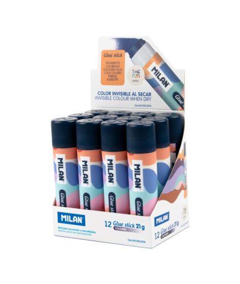 Milan The Fun Expositor con 12 Barras de Pegamento 21g - Multiusos - Multisuperficies - Sin Disolventes - Uso Escolar - Multicol