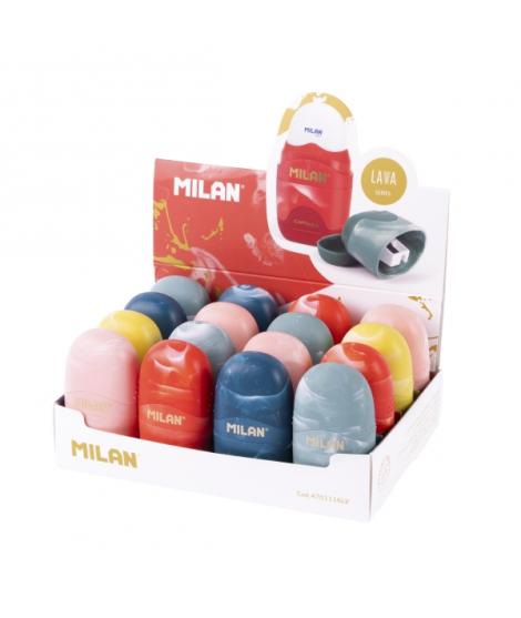 Milan Capsule Lava Expositor con 16 Afilaborras - Goma Miga de Pan - Deposito Integrado - Cuchilla de Acero de Seguridad - Color