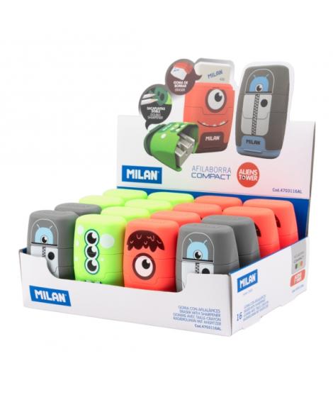 Milan Compact Aliens Expositor con 16 Afilaborras - Goma Miga de Pan - Regular y Maxi - Deposito Integrado - Cuchilla de Acero d