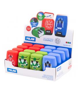 Milan Compact Vikings Expositor con 16 Afilaborras - Goma Miga de Pan - Regular y Maxi - Deposito Integrado - Cuchilla de Acero 