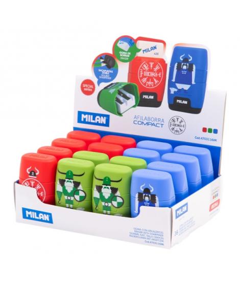 Milan Compact Vikings Expositor con 16 Afilaborras - Goma Miga de Pan - Regular y Maxi - Deposito Integrado - Cuchilla de Acero 