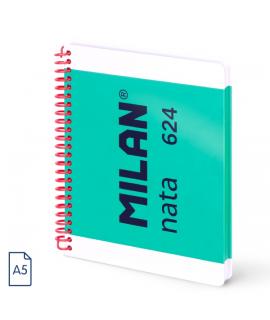 Milan Nata 624 Cuaderno A5 con Espiral - Cuadriculado - 80 Hojas de 95Gr - Tapa Dura - Color Verde