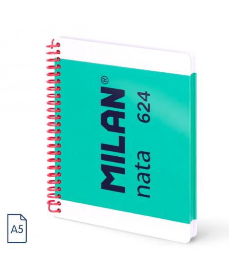 Milan Nata 624 Cuaderno A5 con Espiral - Cuadriculado - 80 Hojas de 95Gr - Tapa Dura - Color Verde