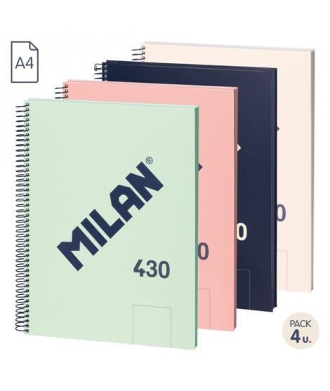Milan 430 Since 1918 Pack de 4 Cuadernos A4 con Espiral - Hojas Blancas - 80 Hojas de 95g - Tapa Dura - Colores Surtidos