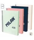 Milan 430 Since 1918 Pack de 4 Cuadernos A4 con Espiral - Papel a Lineas de 7mm - 120 Hojas de 95g - Tapa Dura - Colores Surtido