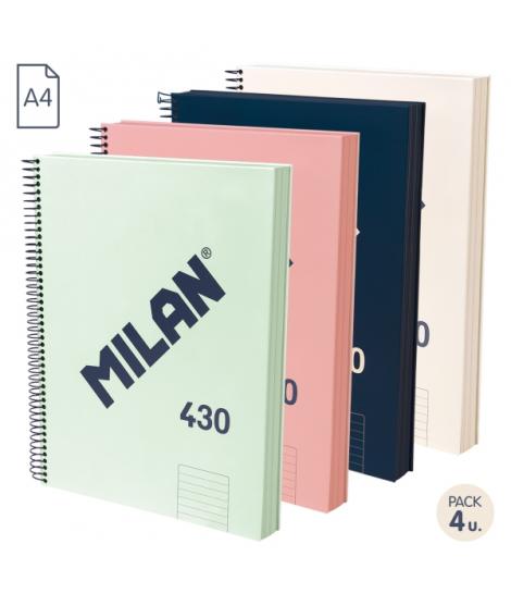 Milan 430 Since 1918 Pack de 4 Cuadernos A4 con Espiral - Papel a Lineas de 7mm - 120 Hojas de 95g - Tapa Dura - Colores Surtido
