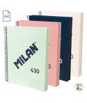 Milan 430 Since 1918 Pack de 4 Cuadernos A4 con Espiral - Papel a Lineas de 7mm - 120 Hojas de 95g - Tapa Dura - Colores Surtido