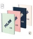 Milan 430 Since 1918 Pack de 4 Cuadernos A5 con Espiral - Hojas Blancas - 80 Hojas de 95g - Tapa Dura - Colores Surtidos
