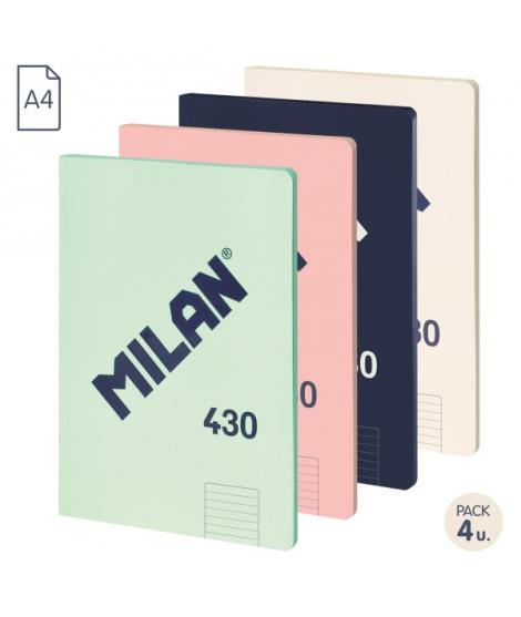 Milan 430 Since 1918 Pack de 4 Libretas A4 Encoladas - Papel a Lineas de 7mm - 48 Hojas de 95g - Colores Surtidos