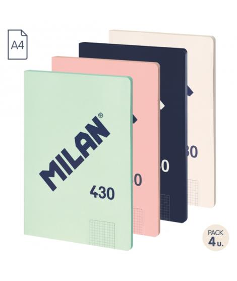 Milan 430 Since 1918 Pack de 4 Libretas A4 Encoladas - Cuadricula 5x5mm - 48 Hojas de 95g - Colores Surtidos