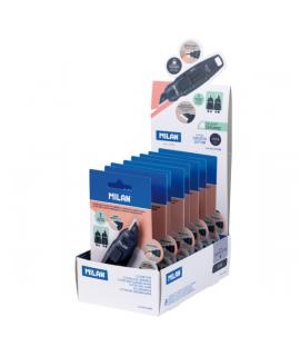 Milan Stick 1918 Expositor con 8 Blisters de Cuters - Hoja Ceramica Reemplazable - Bloqueo de Seguridad - Ergonomico - Color Azu