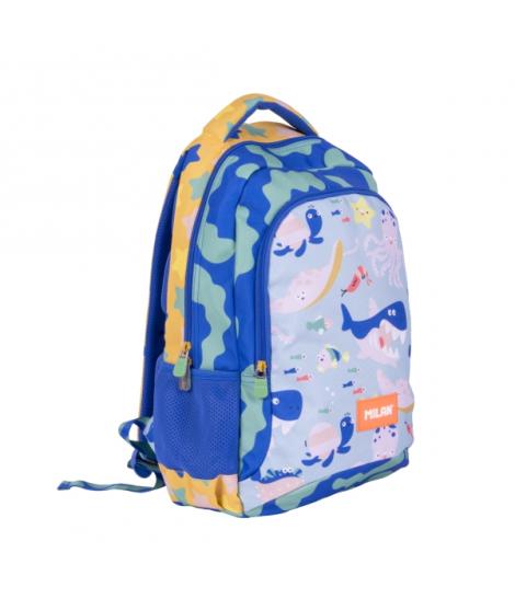 Milan Blue Odyssey Mochila Escolar 21L - Bolsillos Laterales de Malla - Compartimento Interior para Portatil - 2 Cremalleras - 4