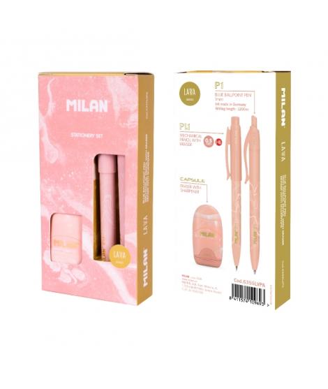 Milan Lava Pack de Boligrafo + Portaminas 0.5mm + Afilaborra - Caja de Regalo - Color Rosa