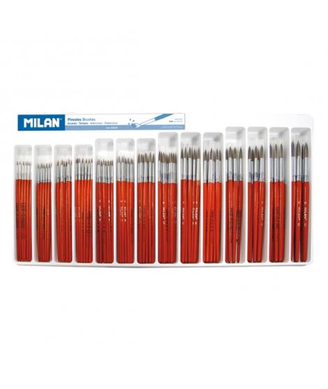 Milan 101 Pack de 144 Pinceles Escolares Redondos - Pelo de Cabra y Sintetico - Formatos Surtidos - Mango de Madera - Color Marr