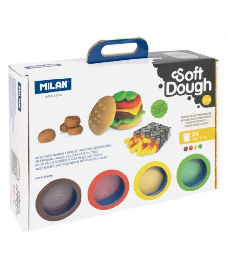 Milan Soft Dough Pack de 4 Botes de Pasta Blanda - Maletin con Herramientas - 116g por Unidad - 100% Vegetal - Moldeable - Sin R