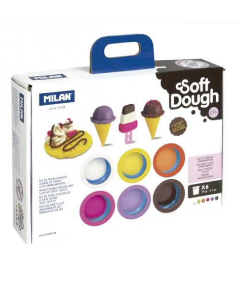 Milan Soft Dough Pack de 6 Botes de Pasta Blanda - Maletin con Herramientas - 59g por Unidad - 100% Vegetal - Moldeable - Sin Re