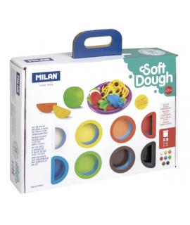 Milan Soft Dough Pack de 8 Botes de Pasta Blanda - Maletin con Herramientas - 59g por Unidad - 100% Vegetal - Moldeable - Sin Re