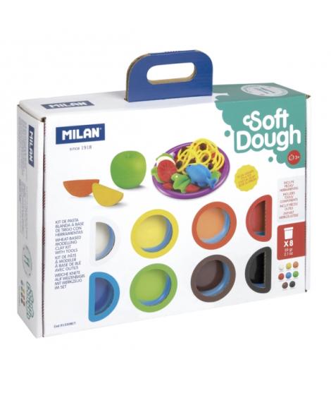 Milan Soft Dough Pack de 8 Botes de Pasta Blanda - Maletin con Herramientas - 59g por Unidad - 100% Vegetal - Moldeable - Sin Re