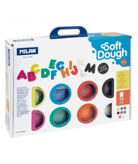 Milan Soft Dough Pack de 8 Botes de Pasta Blanda - Maletin con Herramientas - 59g por Unidad - 100% Vegetal - Moldeable - Sin Re
