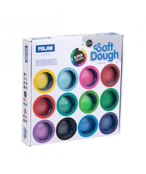 Milan Soft Dough Pack de 16 Botes de Pasta Blanda - 8 Basicos - 4 Neon - 4 Glitter o Purpurina - 30g por Unidad - 100% Vegetal -