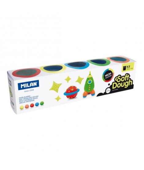 Milan Neon Soft Dough Pack de 5 Botes de Pasta Blanda - 100% Vegetal - Moldeable - Sin Residuos - Colores Mezclables - 142g por 