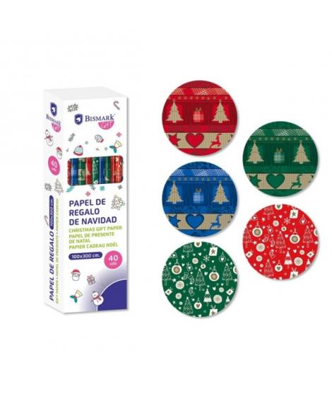 Bismark Navidad Metalizado Rollo de Papel Regalo - Medidas 100cmx300cm - 5 Diseños Diferentes