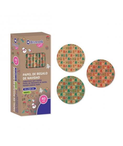 Bismark Kraft Hohoho Rollo de Papel Kraft Regalo - Medidas 70cmx500cm - 3 Diseños Diferentes