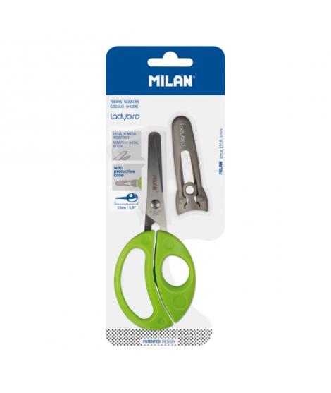 Milan Ladybird Tijeras con Funda - Mango Ergonomico - Punta Redondeada - Acero Inoxidable de 15cm - Color Verde